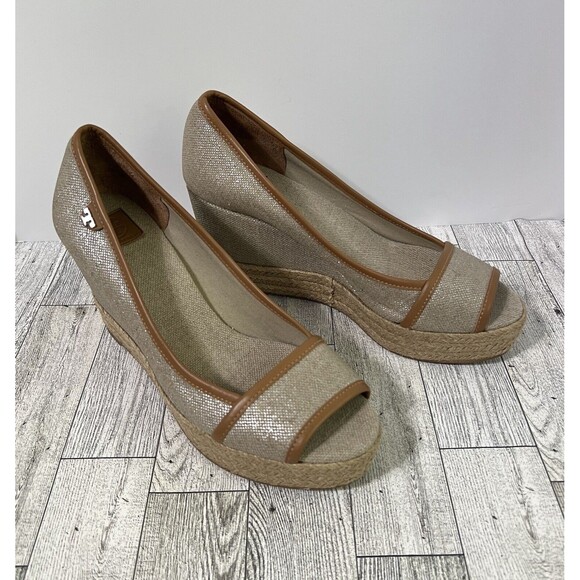 TORY BURCH MAJORCA Logo Wedge Espadrille Shoes Womens 8 EU 38 Plata Tan Metallic - Picture 1 of 17